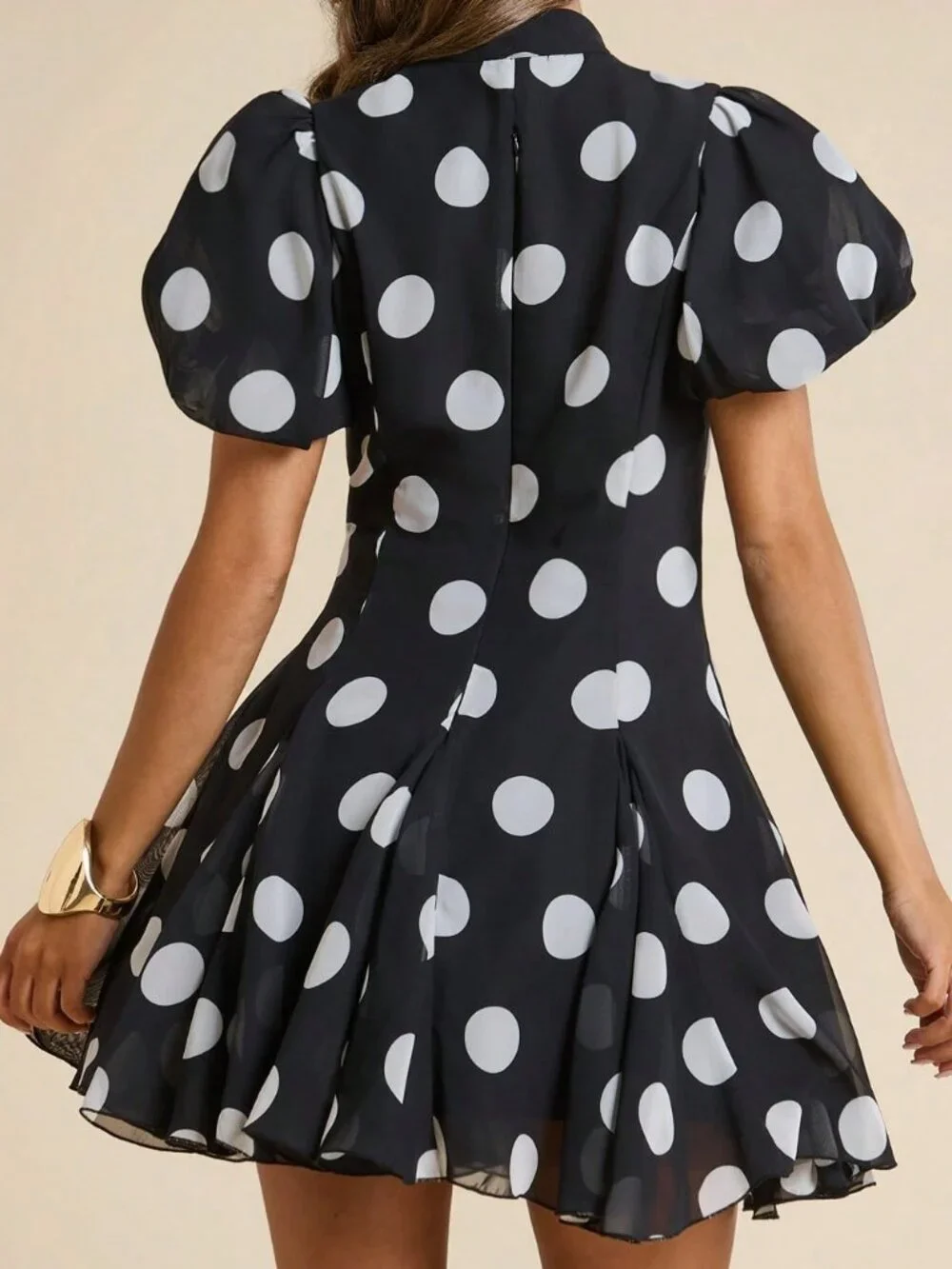 Black and White Casual Women's Polka Dot Qipao Puff Sleeve Mini Dress